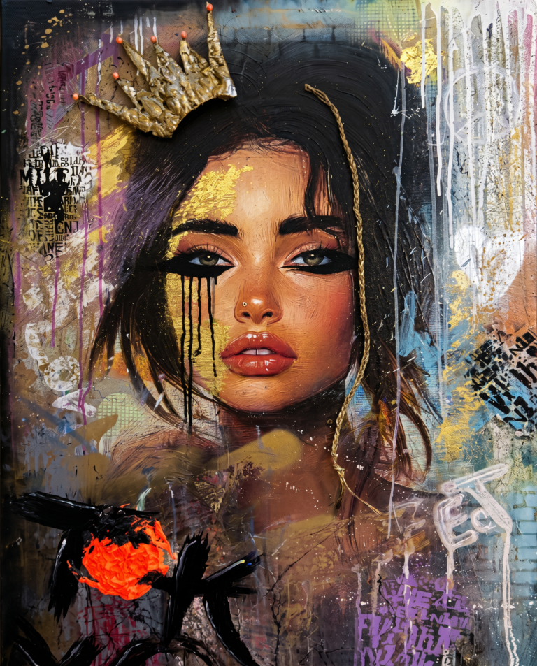 portrait of a woman with a metallic gold crown and the inscription 'Queen of Nothing Made of Everything'